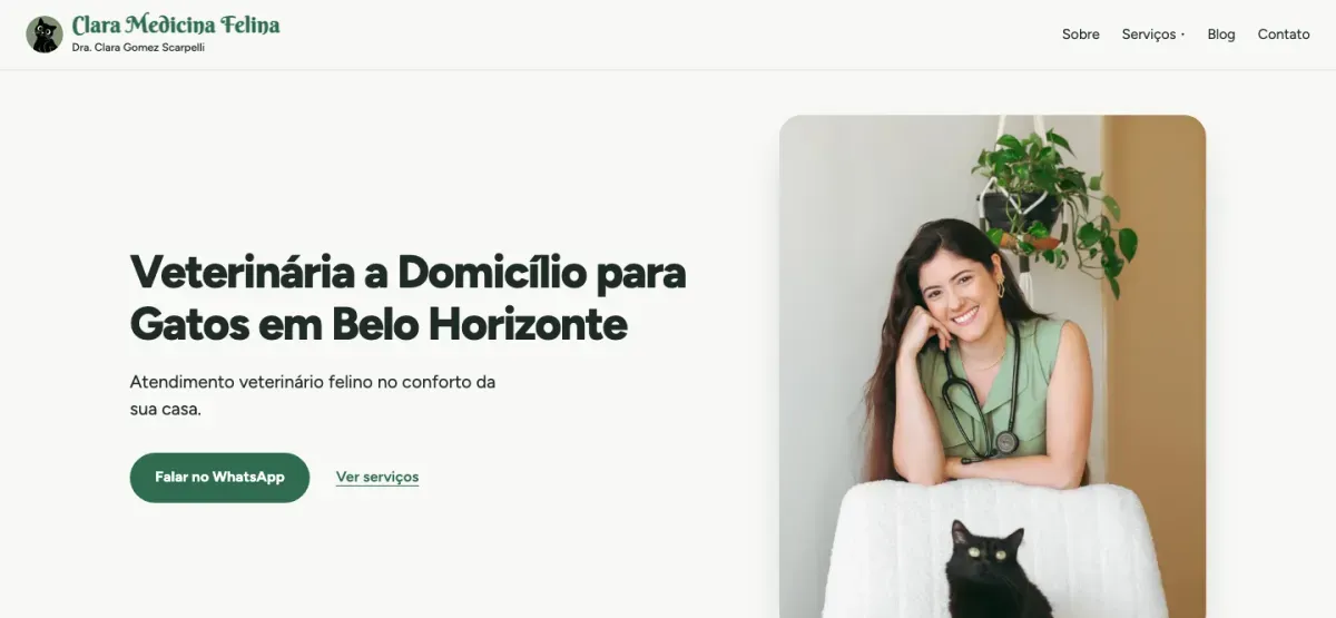 Captura de tela do site da Dra. Clara Gomez, veterinária de gatos em Belo Horizonte, criado por João Pedro Barreto