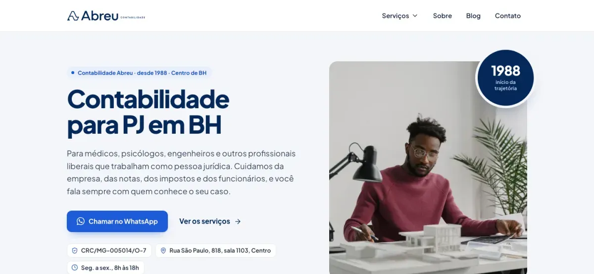 Captura de tela do site da Contabilidade Abreu, escritório de contabilidade do Centro de Belo Horizonte, criado por João Pedro Barreto
