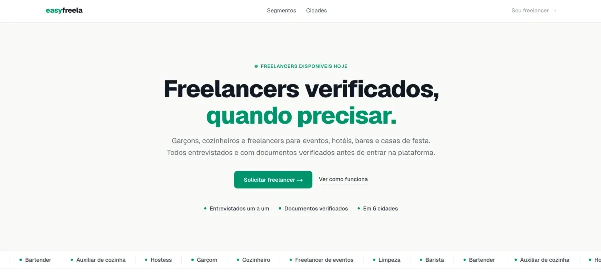 Captura de tela do site da EasyFreela, marketplace de freelancers verificados, criado por João Pedro Barreto