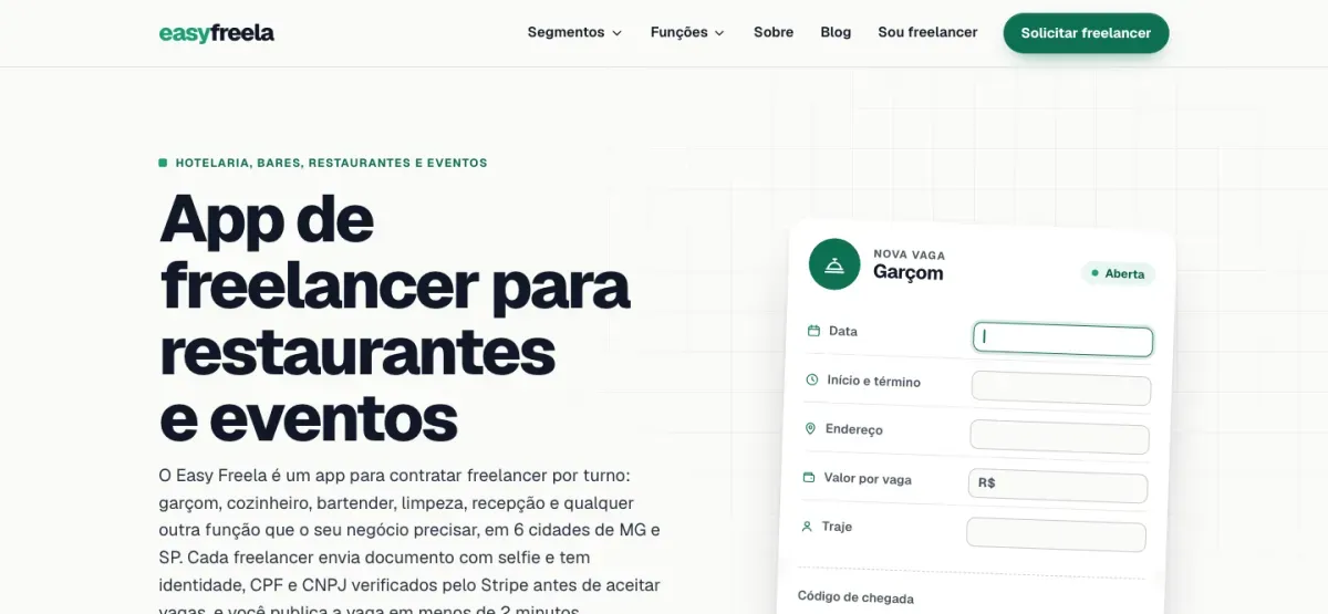 Captura de tela do site da EasyFreela, marketplace de freelancers verificados, criado por João Pedro Barreto