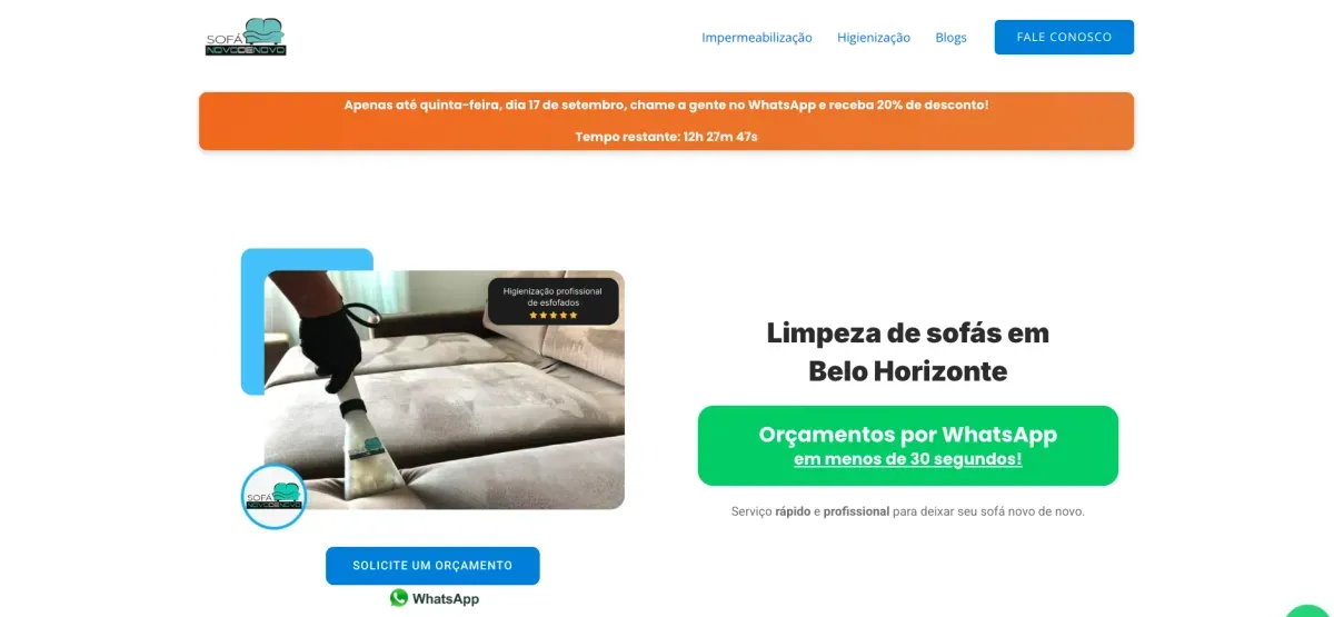 Captura de tela do site de limpeza de sofás em Belo Horizonte, criado por João Pedro Barreto
