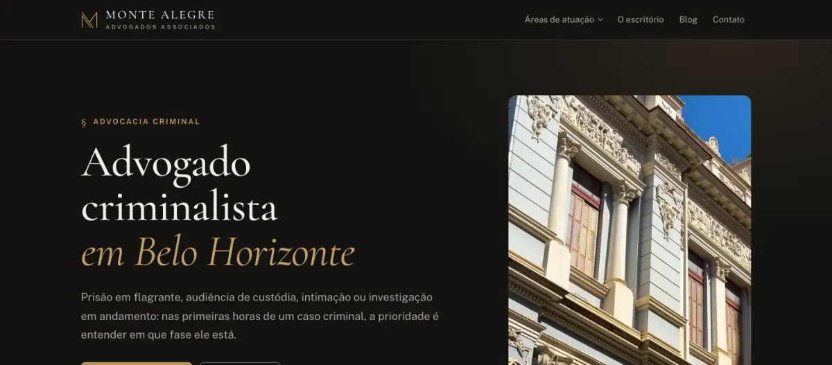 Captura de tela do site da Monte Alegre Advogados Associados, escritório de advocacia criminal em Belo Horizonte, criado por João Pedro Barreto