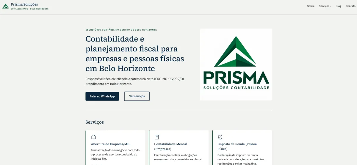 Captura de tela do site da Prisma Soluções, escritório de contabilidade em Belo Horizonte, criado por João Pedro Barreto
