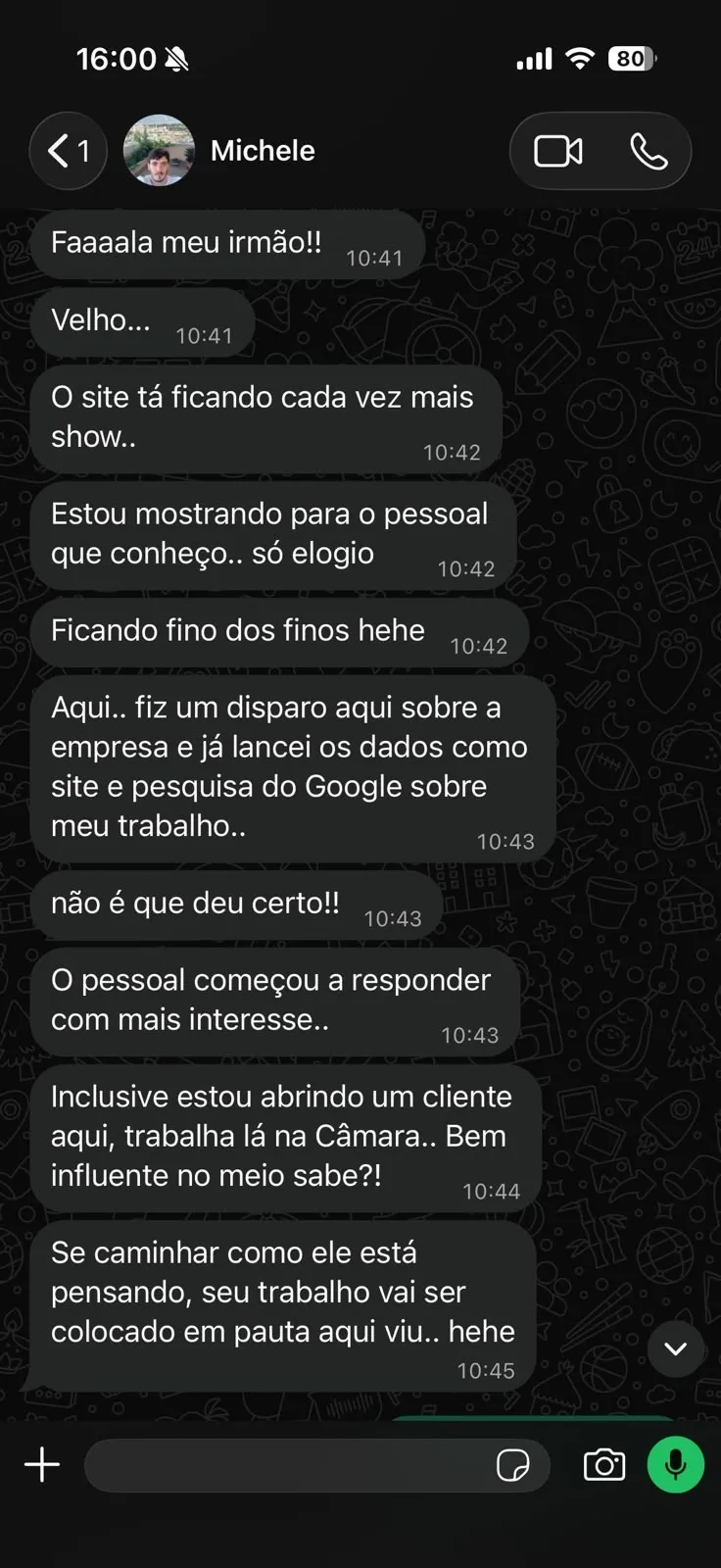 Conversa no WhatsApp: Michele elogia o site, conta que divulgou o site e a pesquisa do Google sobre o trabalho dele e que as pessoas começaram a responder com mais interesse