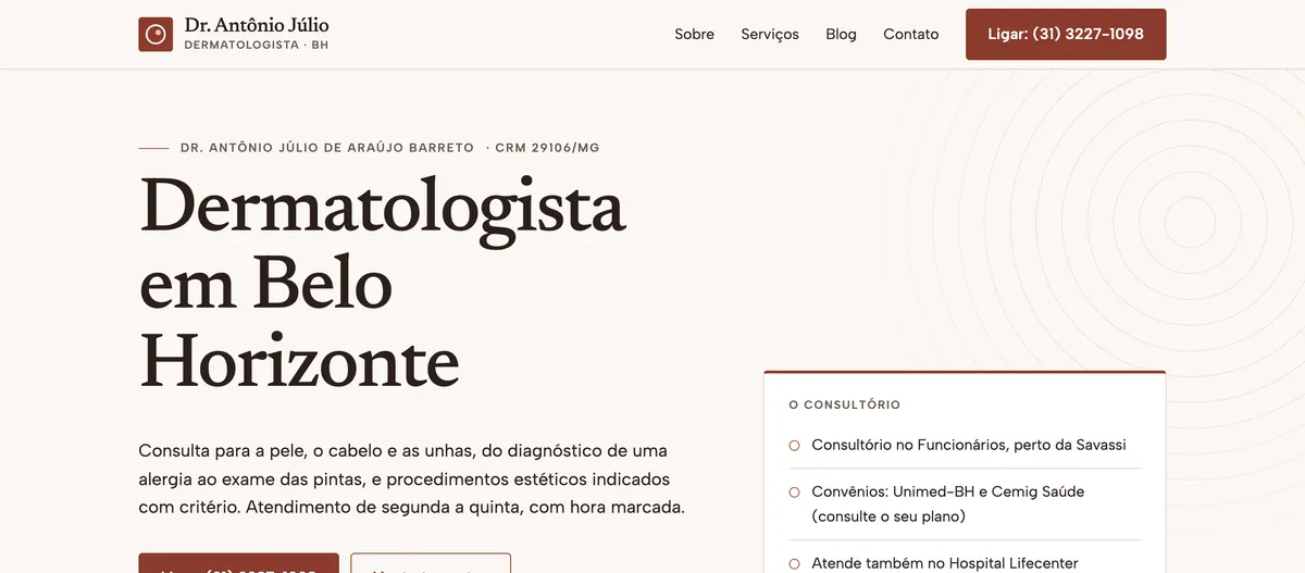 Captura de tela do site do Dr. Antônio Júlio, dermatologista em Belo Horizonte, criado por João Pedro Barreto