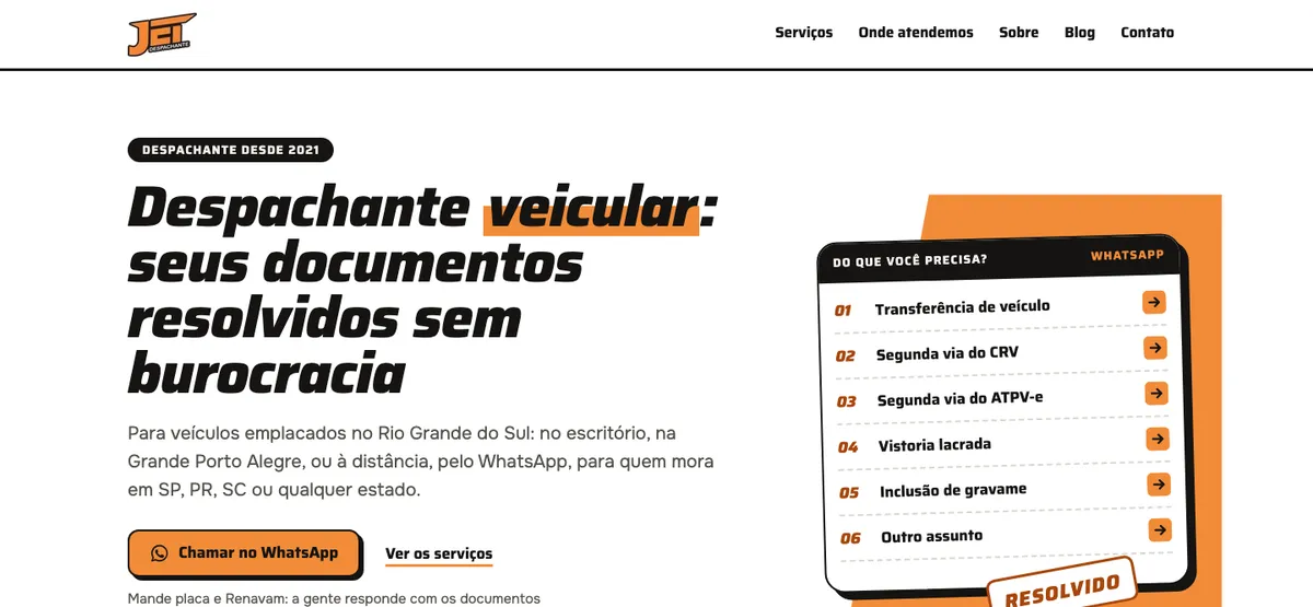 Captura de tela do site da Jet Despachante, despachante veicular de Gravataí (RS), criado por João Pedro Barreto
