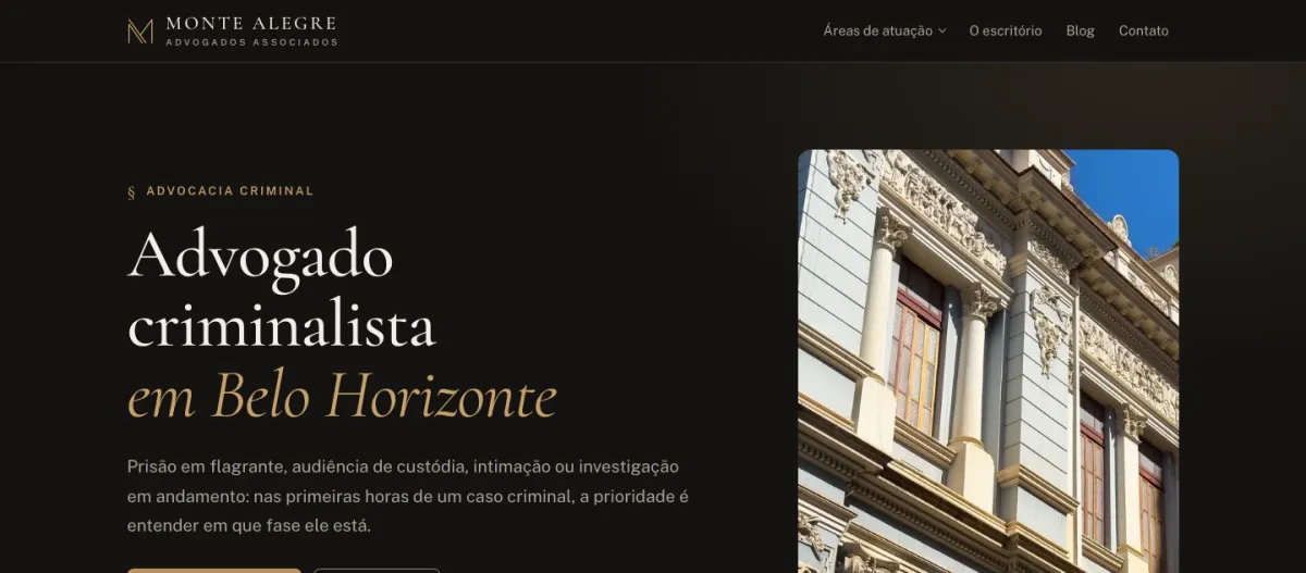 Captura de tela do site da Monte Alegre Advogados, advocacia criminal em Belo Horizonte, criado por João Pedro Barreto